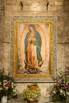Barcelona, Spain. 10 19 2024: Replica of the original Virgin of Guadalupe brought on pilgrimage by the archbishop of Puebla to the Basilica of Our Lady of the Sea 2019
