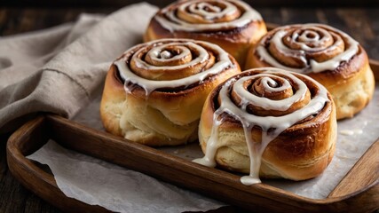 Freshly baked cinnamon rolls drizzled with icing on a wooden tray.