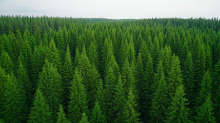 Fototapeta premium wide angle shot of lush green forest filled with tall coniferous trees, showcasing beauty of nature and tranquility of outdoors