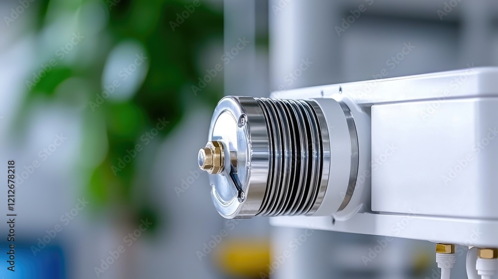 Poster close-up of metallic bellows in lab setting