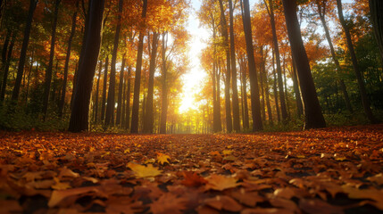 Obraz premium wide angle view of dense forest in autumn, showcasing vibrant orange and yellow leaves covering ground, with sunlight filtering through trees, creating warm and inviting atmosphere