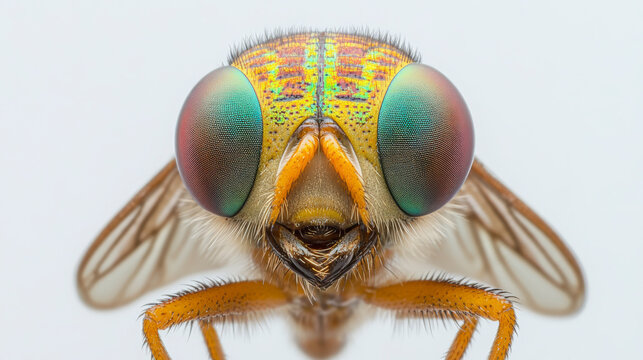 Close-up of a vibrant fly showcasing iridescent eyes and intricate wing patterns. Explore insect diversity and detail in nature.
