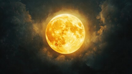 A large, glowing full moon with a golden - yellow hue, surrounded by a soft, diffuse light and dark, wispy clouds, creating a dramatic and mystical night - sky scene.