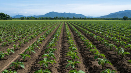 Aerial view of large reforestation project showcasing rows of young plants in fertile soil, surrounded by mountains and clear skies, reflecting commitment to environmental sustainability