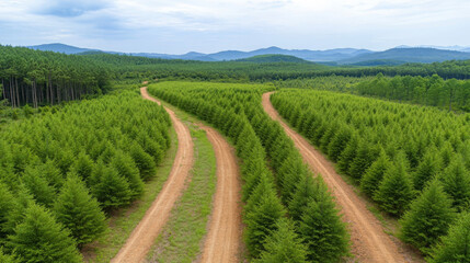 Naklejka premium Aerial view of lush forest with well managed tree plantations and winding dirt paths, showcasing beauty of nature and sustainable forestry practices