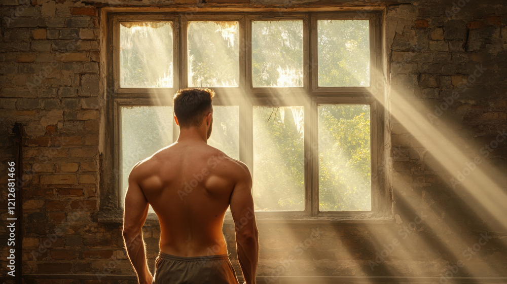 Poster man stands in abandoned building, illuminated by sunlight streaming through window, creating serene 