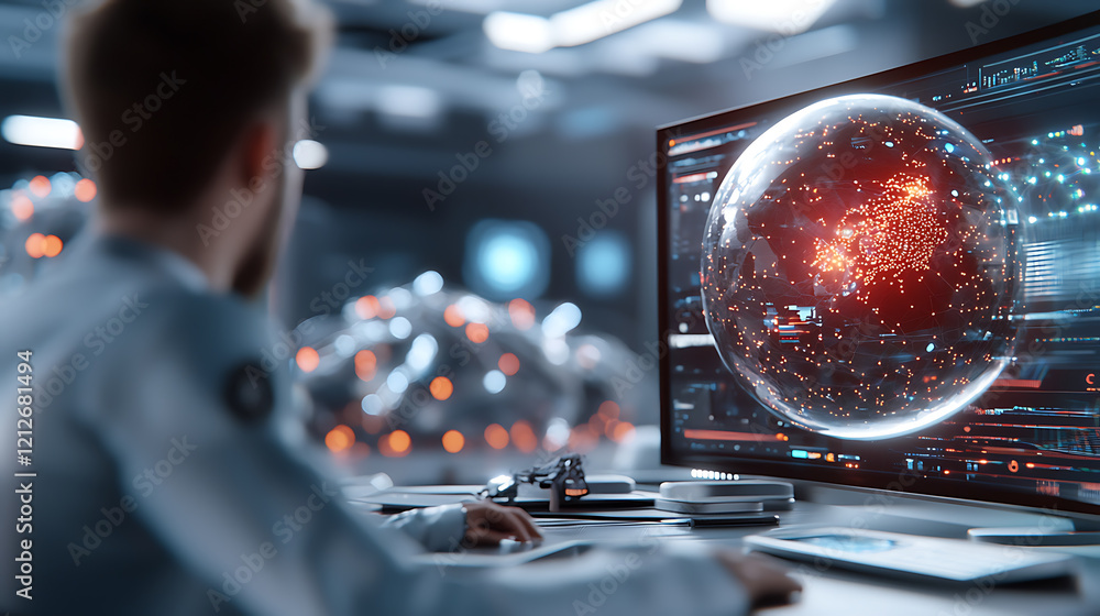 Poster high-tech it specialists analyzing data in modern control room futuristic environment digital worksp