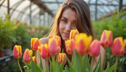 Smiling woman surrounded by tulips in greenhouse, celebrating Womens Day serenity
