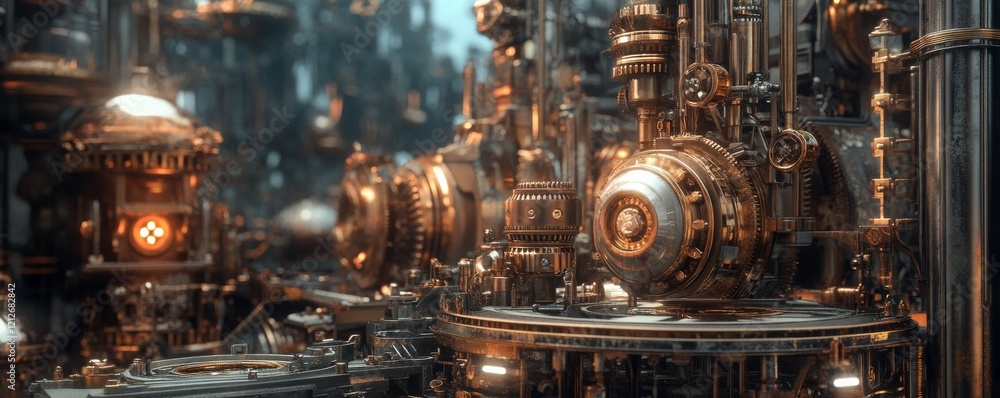 Poster close up view of intricate brass gears and machinery components in a workshop setting
