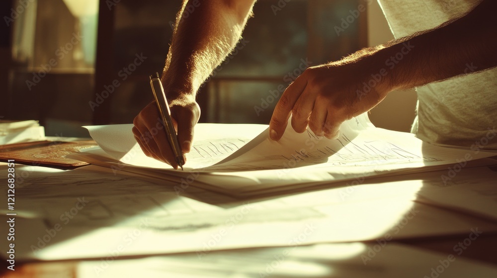 Poster Man reviewing documents while sketching with pen