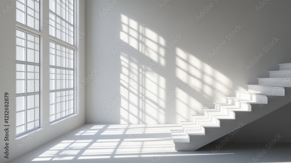 Poster white room with large window and modern staircase