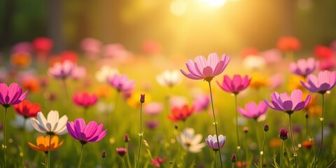 Fototapeta premium Vibrant cosmos flowers in a lush field, bathed in warm sunlight