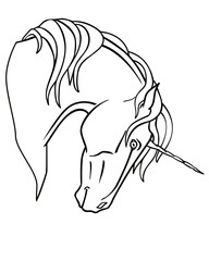 Unicorn - linear, vector illustration for coloring. Unicorn head for coloring book. Fantastic horse with a horn - unicorn. Outline. Hand drawing	