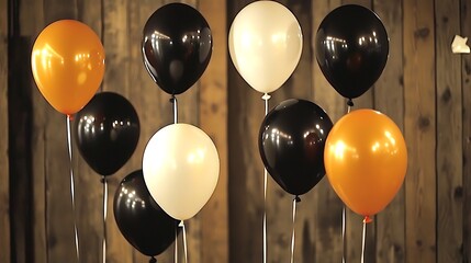 A minimal cluster of black, white, and orange balloons floating together under diffused lighting with subtle reflections and shadows