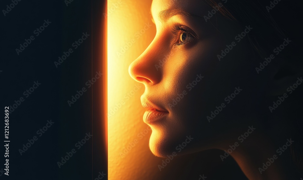 Poster close-up of a person illuminated by soft golden light emanating from a mysterious open door, gentle 