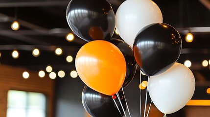 Clustered black, white, and orange balloons gently floating with soft lighting creating a serene and modern aesthetic
