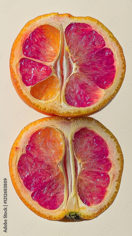 Poster two stunning cross-sections of red grapefruit showcase their striking colors and intricate patterns.