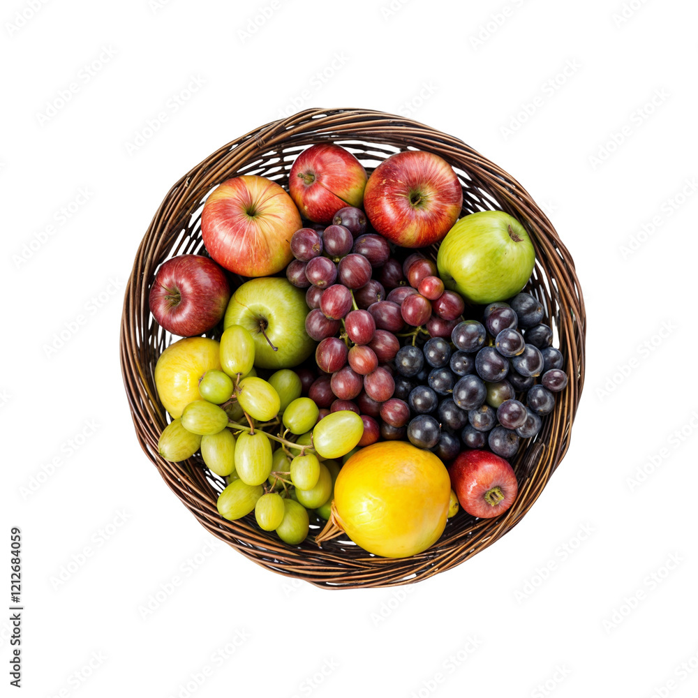 Wall mural A Colorful Harvest: Overhead shot of a rustic basket overflowing with an assortment of fresh, ripe fruits, showcasing the vibrant colors and natural textures of the bounty.