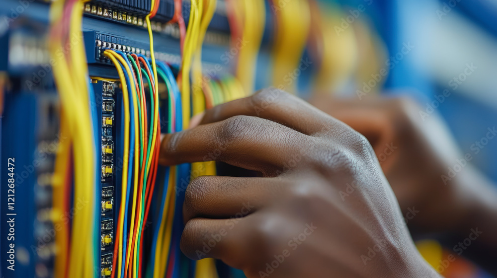 Poster hands expertly manage vibrant network cables in a server room, optimizing digital infrastructure for