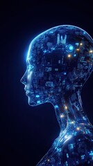 Futuristic transparent robot with glowing circuits, glowing circuits in futuristic transparent robot design, futuristic robot showcasing glowing technology, Robotics Investment Vision concept.