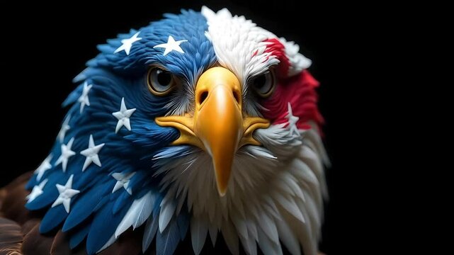 American bald eagle with vibrant feathers, yellow beak, and striking blue eyes painted with the American flag
