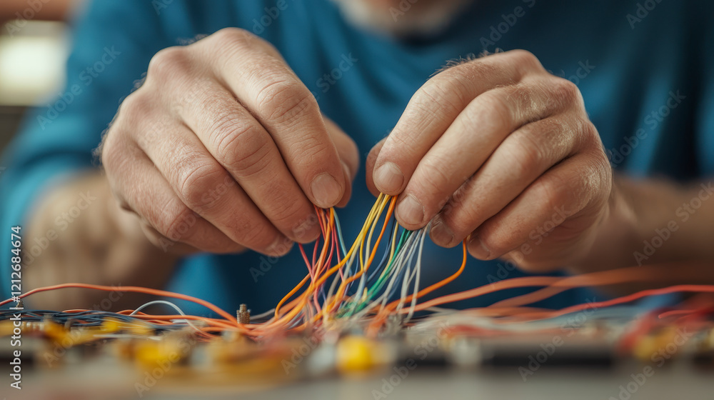 Poster technician focused on intricate electronics wiring, expertly assembling colorful circuit connections