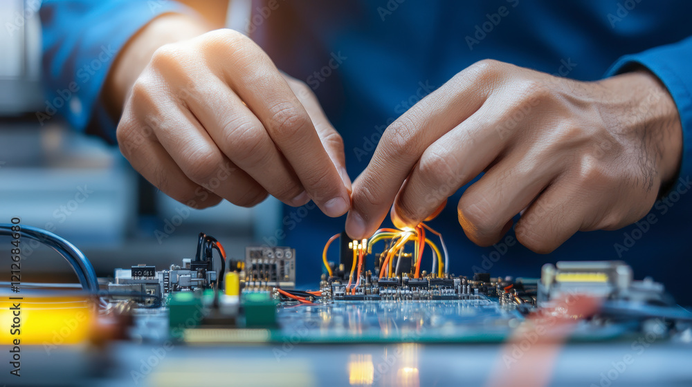 Poster technician expertly working on circuit board, showcasing advanced electronics, innovation, and preci