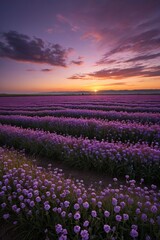 Obraz premium purple flowers in a field at sunset with a purple sky