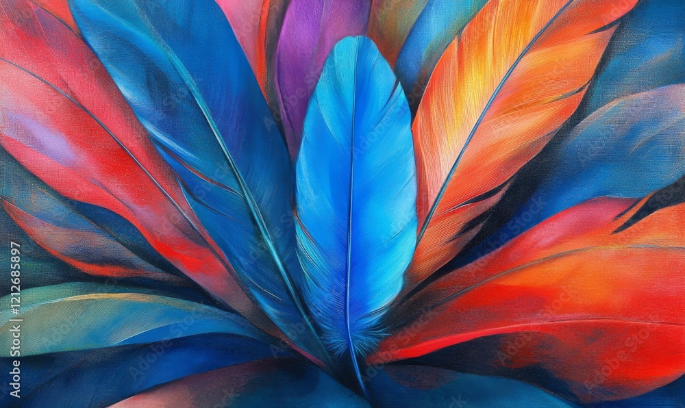 Aufkleber close up of colorful feathers with a bright blue feather in the middle. the feathers are arranged in