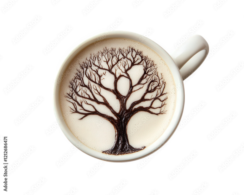 Aufkleber latte with tree design on surface, isolated on transparency background, showcasing intricate art and