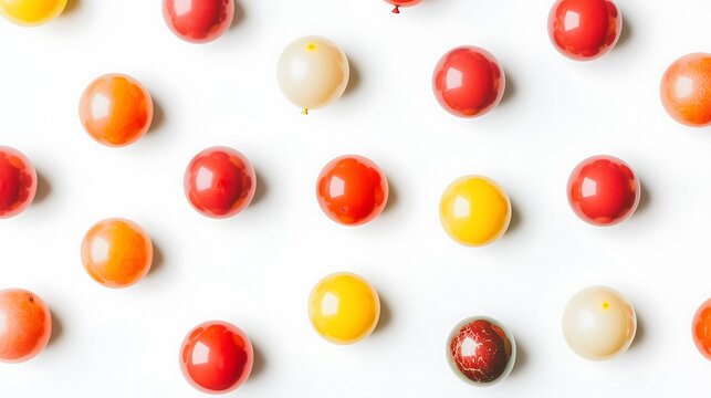 A scattered arrangement of red, yellow, and orange balloons in a minimalistic layout on a clean white canvas with ample negative space