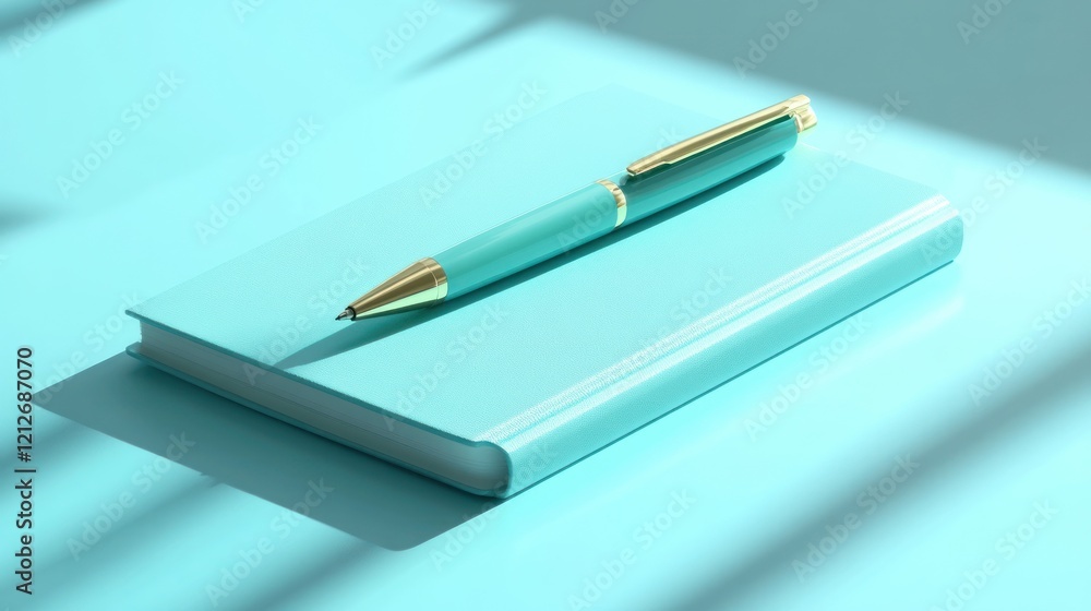 Poster aqua notebook and matching pen resting on a table