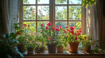 Fototapeta premium Colorful flowers fill the window sill, basking in warm sunlight. Outside, a lively garden bursts with greenery, inviting the beauty of nature indoors and creating a serene atmosphere
