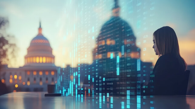 Digital transformation in government sector: Woman analyzing data with Capitol backdrop, exploring innovative strategies for policy development.