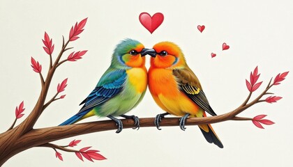 Fototapeta premium Vibrant Birds Perched on Red-Symbol Branch Against White Background