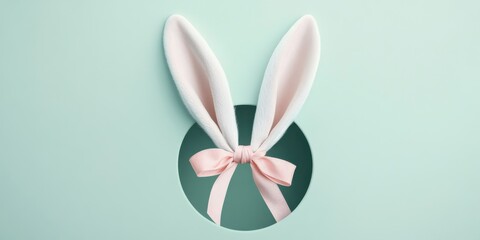Bunny ears with pink bow peeking through circular cutout on pastel background