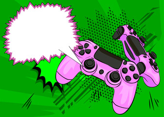 Cartoon Gaming controller with blank speech bubble, comic book Joystick background. Retro vector comics pop art design.