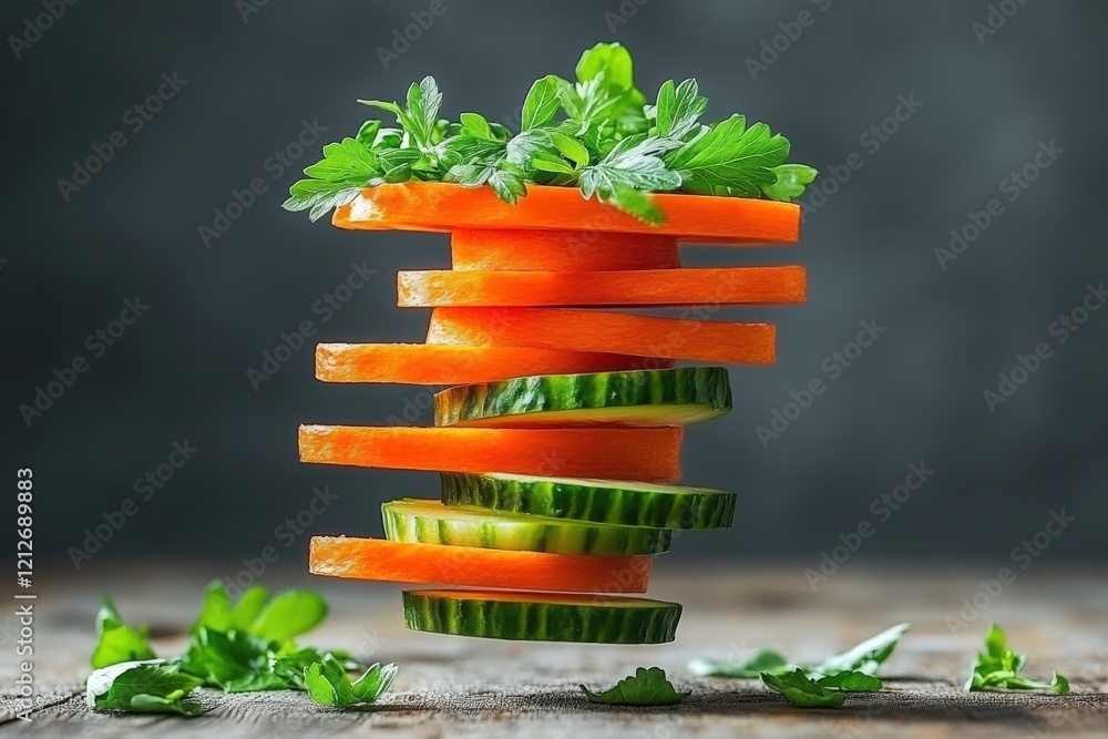 Poster vibrant image of stacked carrot and cucumber slices, garnished with fresh parsley, floating against 