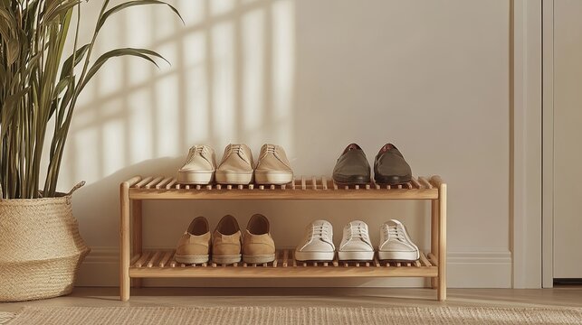 A clean modular shoe rack styled with natural tones in a minimalist entryway. picture