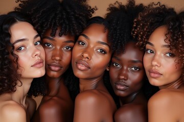 Obraz premium Diverse Group of Five Women with Natural Curly Hair Posing Together Against a Warm Background in a Sensual and Elegant Portrait