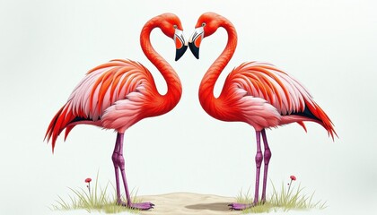 Obraz premium Tender Flamingo Love Artwork: Two Pink Birds Tother on White Background
