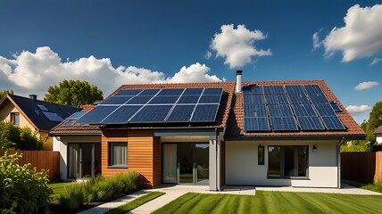 Fototapeta premium Modern Solar Home: Sunlit Contemporary Design with Solar Panels