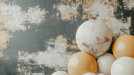 A serene arrangement of white and yellow balloons drifting softly in front of a muted grey background with diffused light