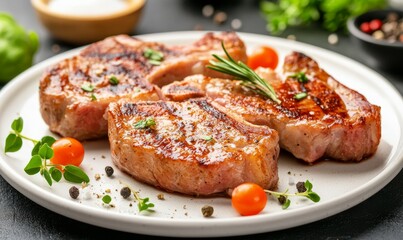 Close-up shot of Kurobuta pork steak on a white plate