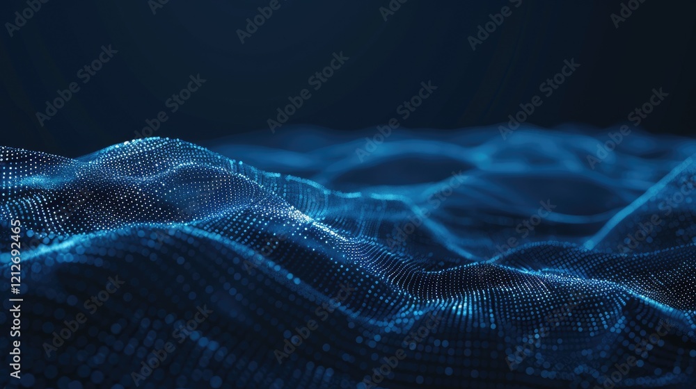 Poster This abstract image features a blue wave pattern composed of dots and lines, creating a modern and digital aesthetic suitable for various creative projects.