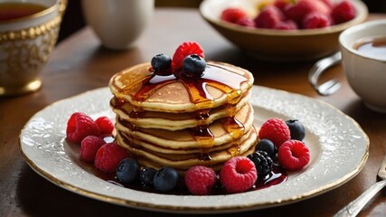 A stack of fluffy pancakes topped with berries and syrup, served on an elegant plate.