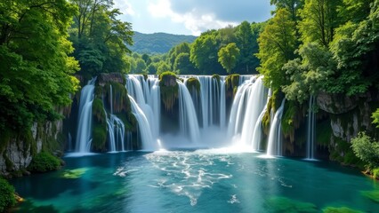 A serene waterfall cascades into a tranquil pool, surrounded by lush greenery