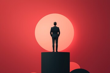 A silhouetted figure stands on a pedestal against a large red sun, conveying themes of ambition and introspection.