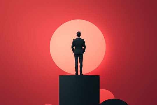 A silhouetted figure stands on a pedestal against a large red sun, conveying themes of ambition and introspection.