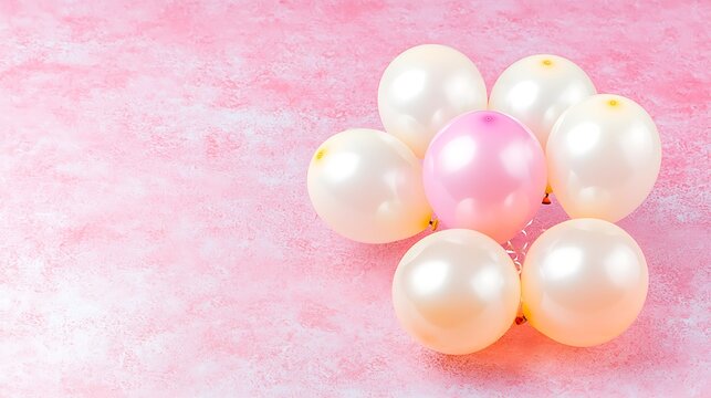 A minimalistic abstract layout of colorful balloons in a random but balanced arrangement on a clean neutral canvas